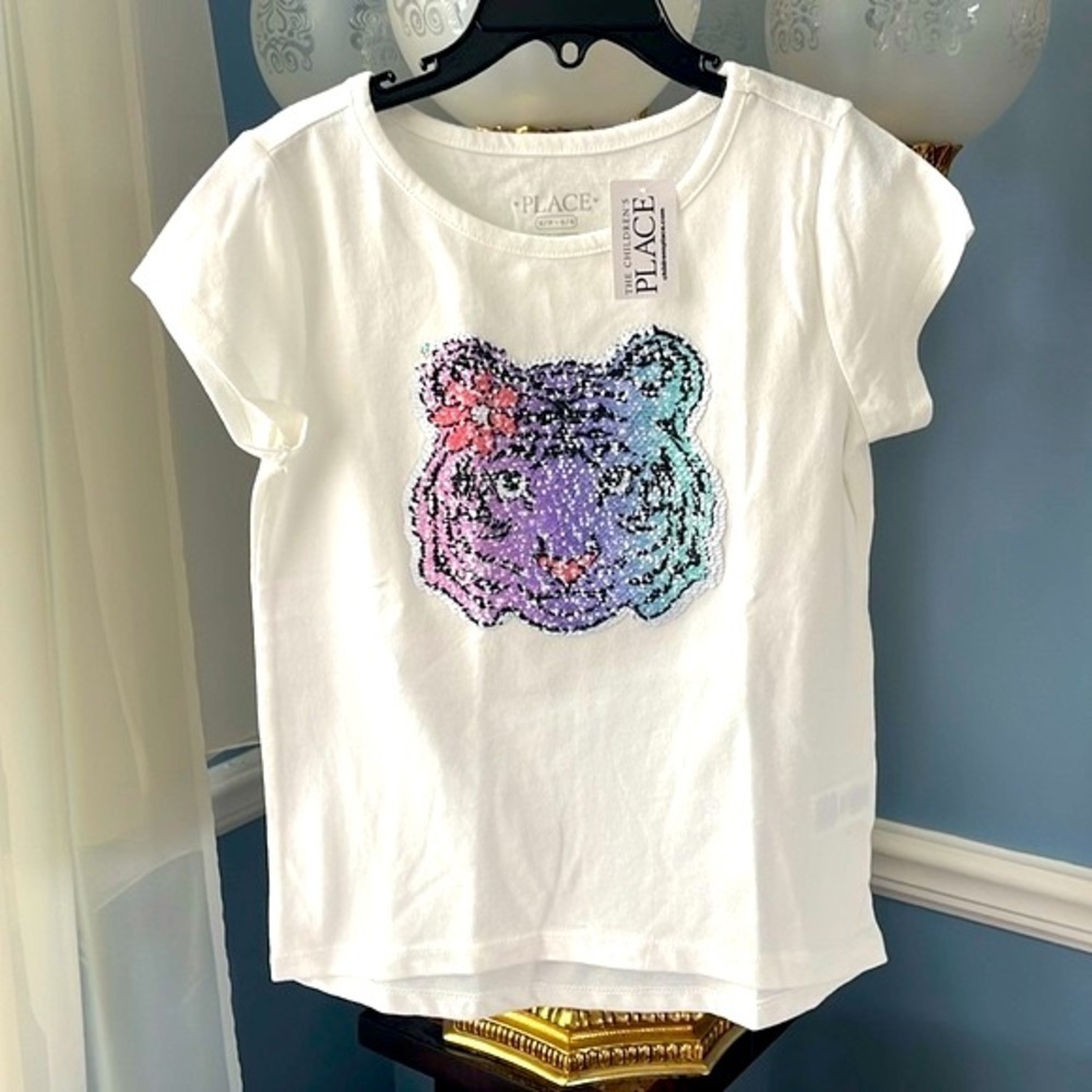 Brand New The Children’s Place White Short Sleeve Top Flip Sequins Floral Tiger